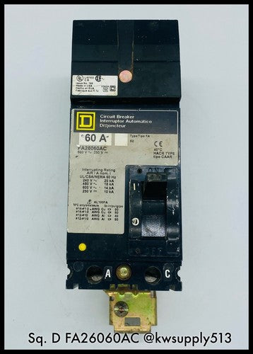 FA26060AC ~ Square D FA26060AC 600VAC/250VDC 60A I-Line CB ~B Lugs Shelf Surplus