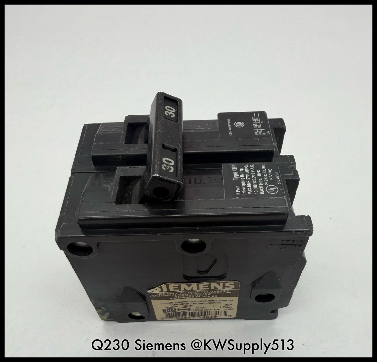 Q230~Siemens Q230 30A 2P 1PH 240VAC 10KA Circuit Breaker-Used