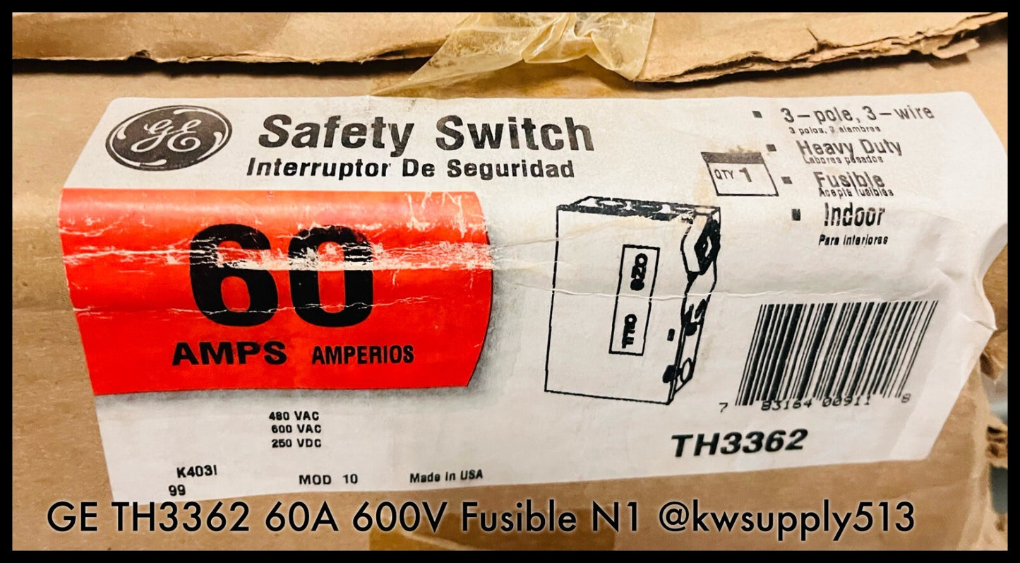 TH3362 ~ GE TH3362 60A Heavy Duty Safety Switch 600V Fusible N1 3R ~ Surplus