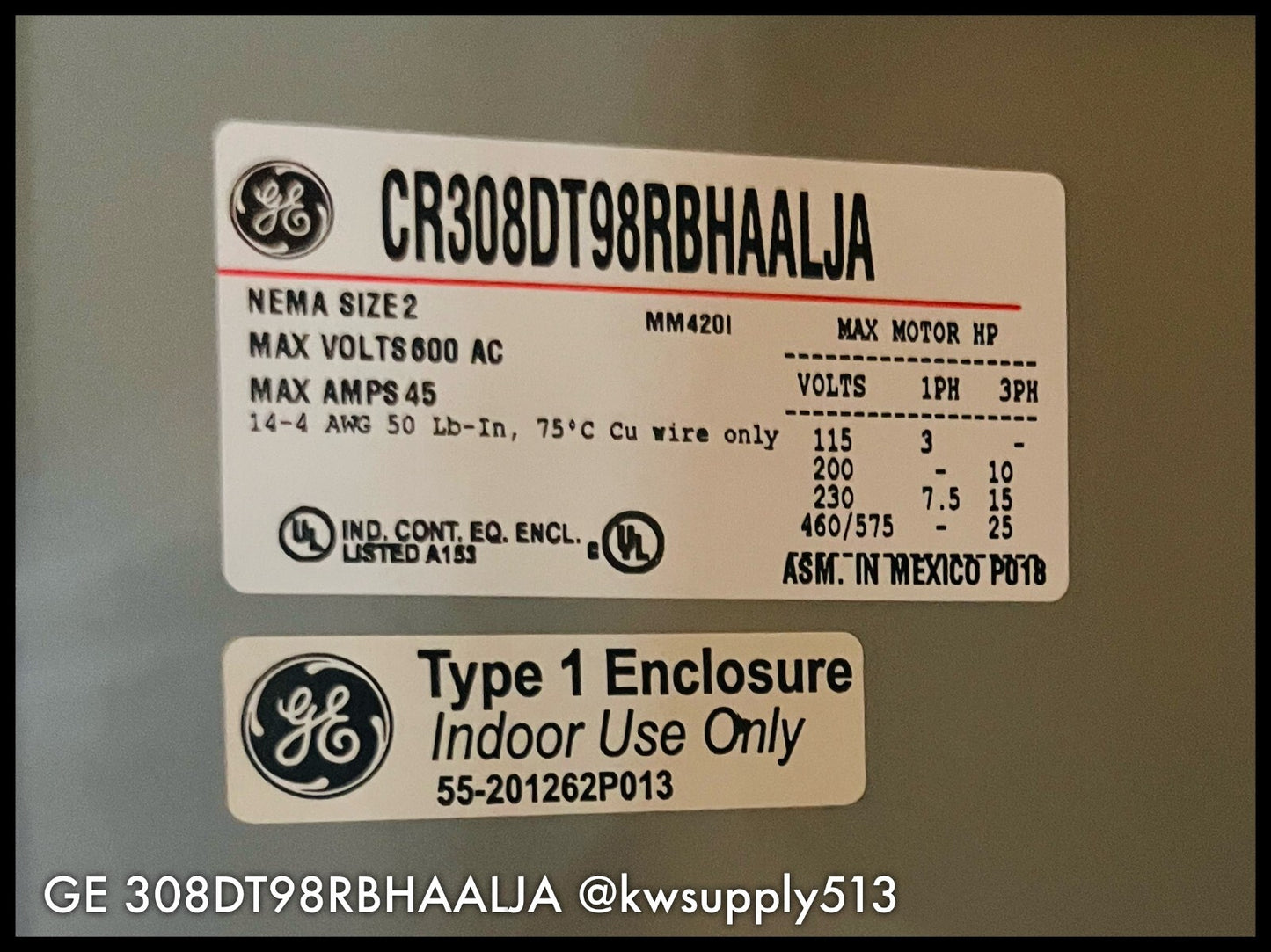 308DT98RBHAALJA ~ GE 308DT98RBHAALJA 45A 3PH NEMA Sz. 2 300-Line Control- Unused