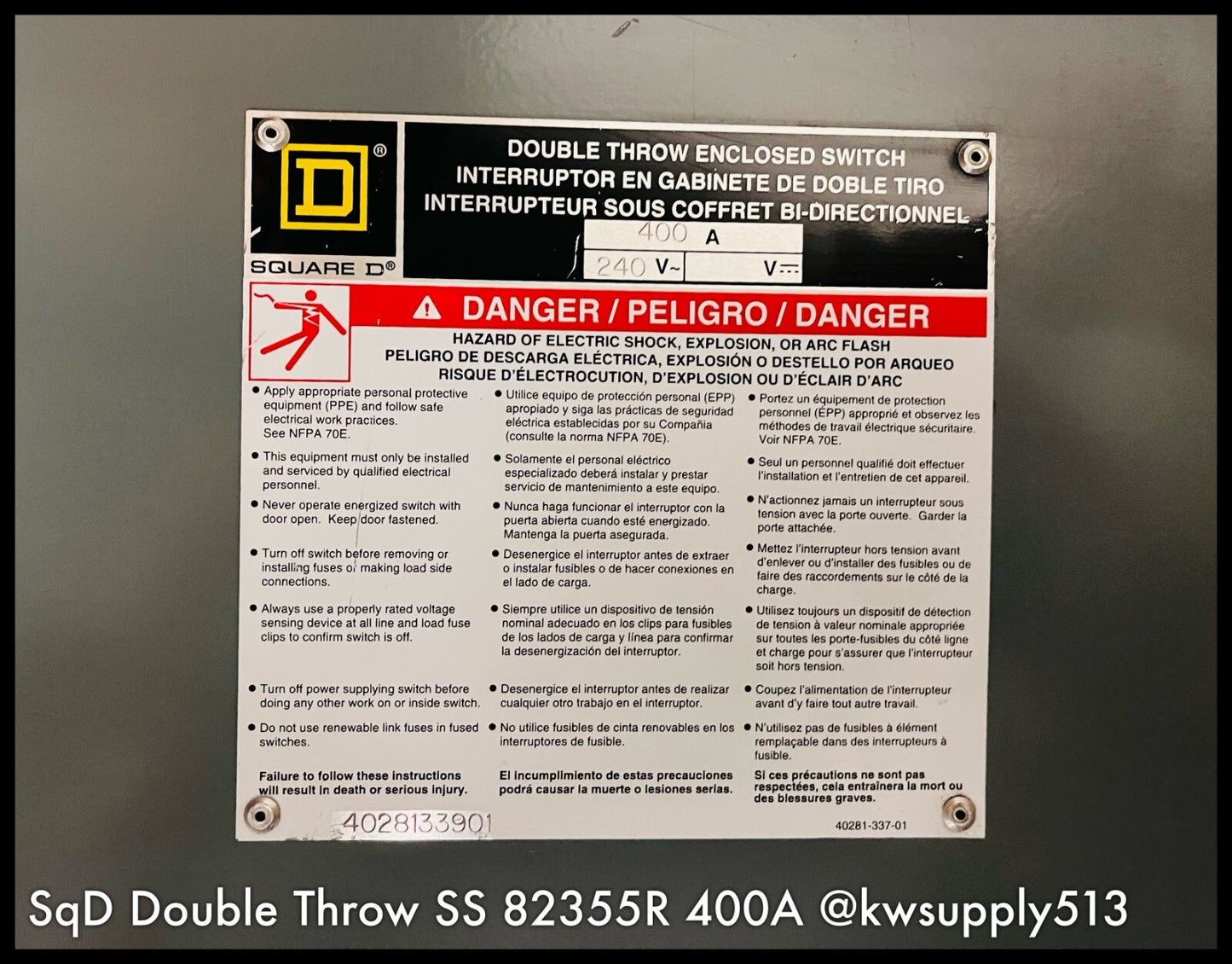 82355R ~ Square D 82355R Double Throw Safety Switch 400A 240V A01 ~Shelf Surplus