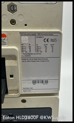 HLD3600F~Eaton HLD3600F 600A HLD65K~ S# 6633C81G06~ LES3600LSIG~310RMS TU Used
