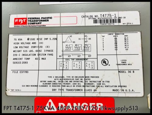 75 kVA Dry Type Class AA Transformer-T4T75-1