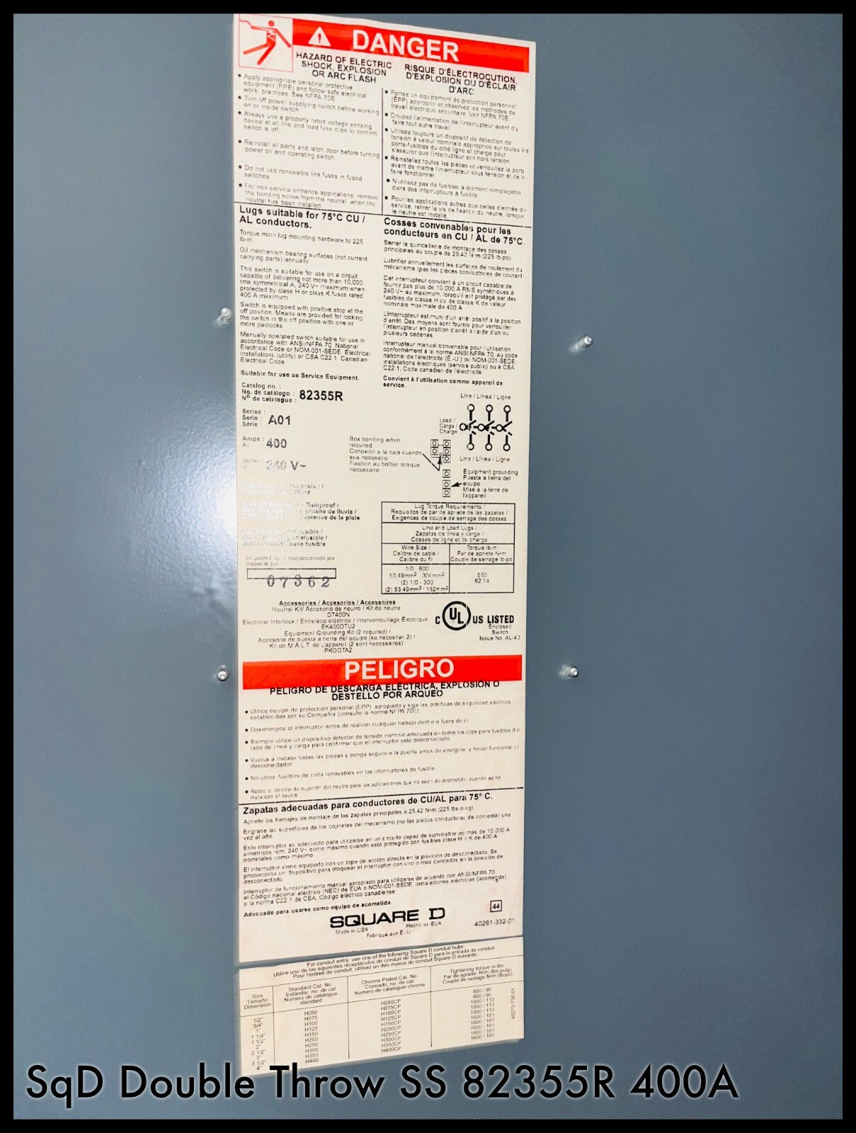 82355R ~ Square D 82355R Double Throw Safety Switch 400A 240V A01 ~Shelf Surplus