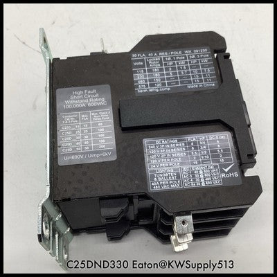 C25DND330 ~ Eaton C25DND330 30A 3P Definite Purpose Contactor 120V Coil ~ Used