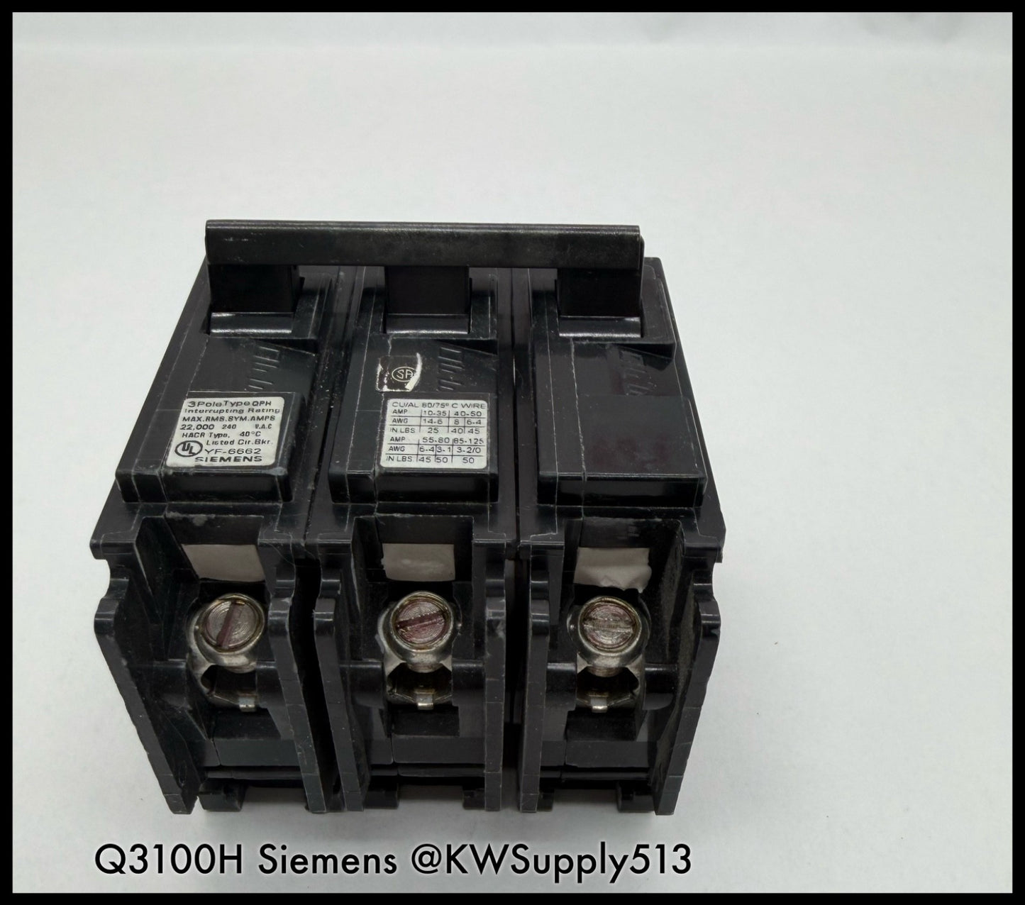 Q3100H~Siemens Q3100H 100A 3P 3PH 240VAC 22KA Circuit Breaker-Used