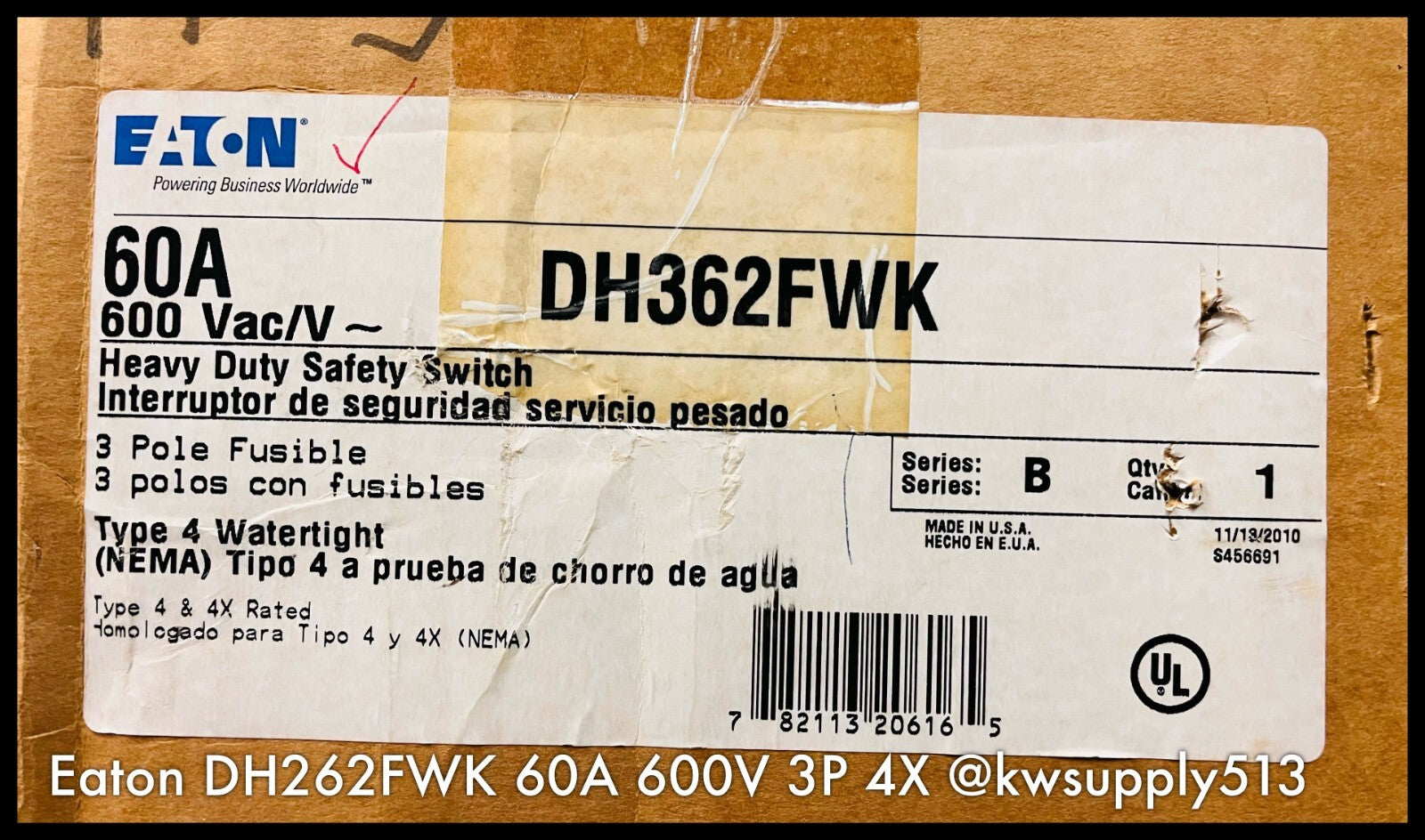 DH362FWK ~ Eaton DH362FWK 60A Heavy Duty Safety Switch 600V 3P 4X-Unused Surplus