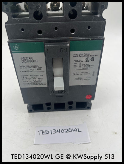 TED134020WL~GE TED134020WL 20A 3P 600VAC 500VDC Industrial Circuit Breaker-Used