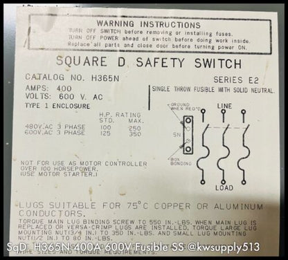 400A NEMA1 Fusible Heavy Duty Safety Switch-H365N