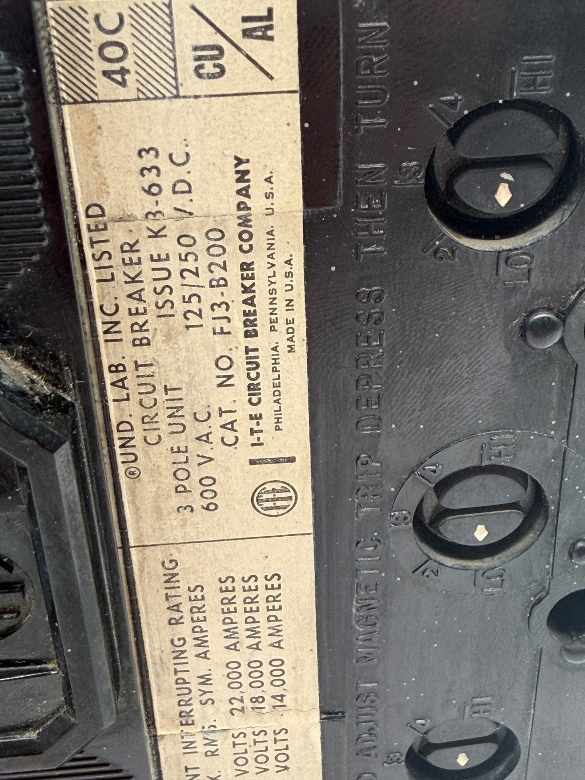 FJ3B200~ITE FJ3B200 200A 3P 3PH 600VAC 14KA TM Circuit Breaker-Used