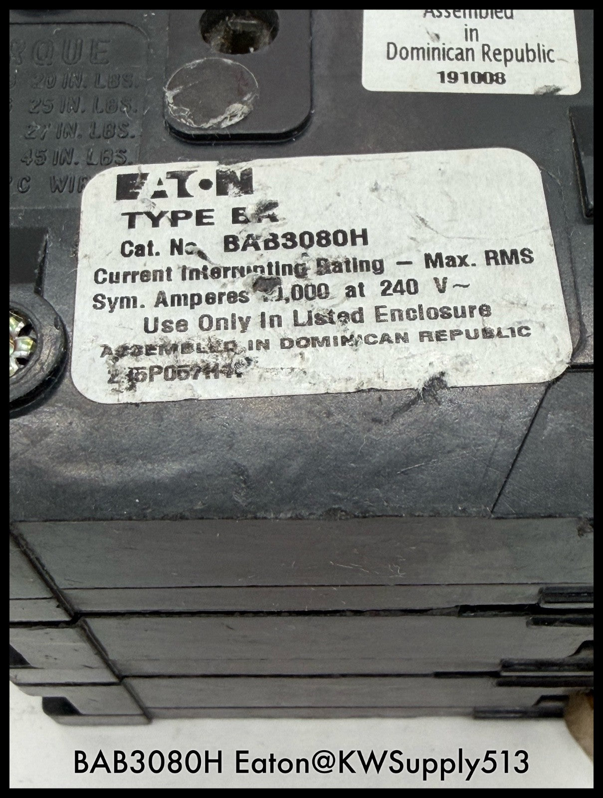 BAB3080H~Eaton BAB3080H 80A 240V 3P 3PH 10KA Circuit Breaker-Used
