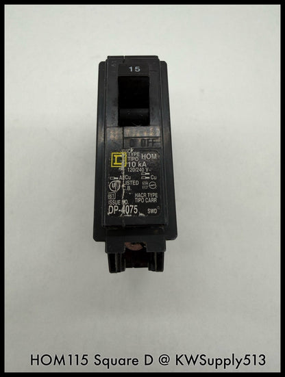 HOM115~Square D HOM115 15A 120VAC 1P 10KA TM Mini Circuit Breaker-Used