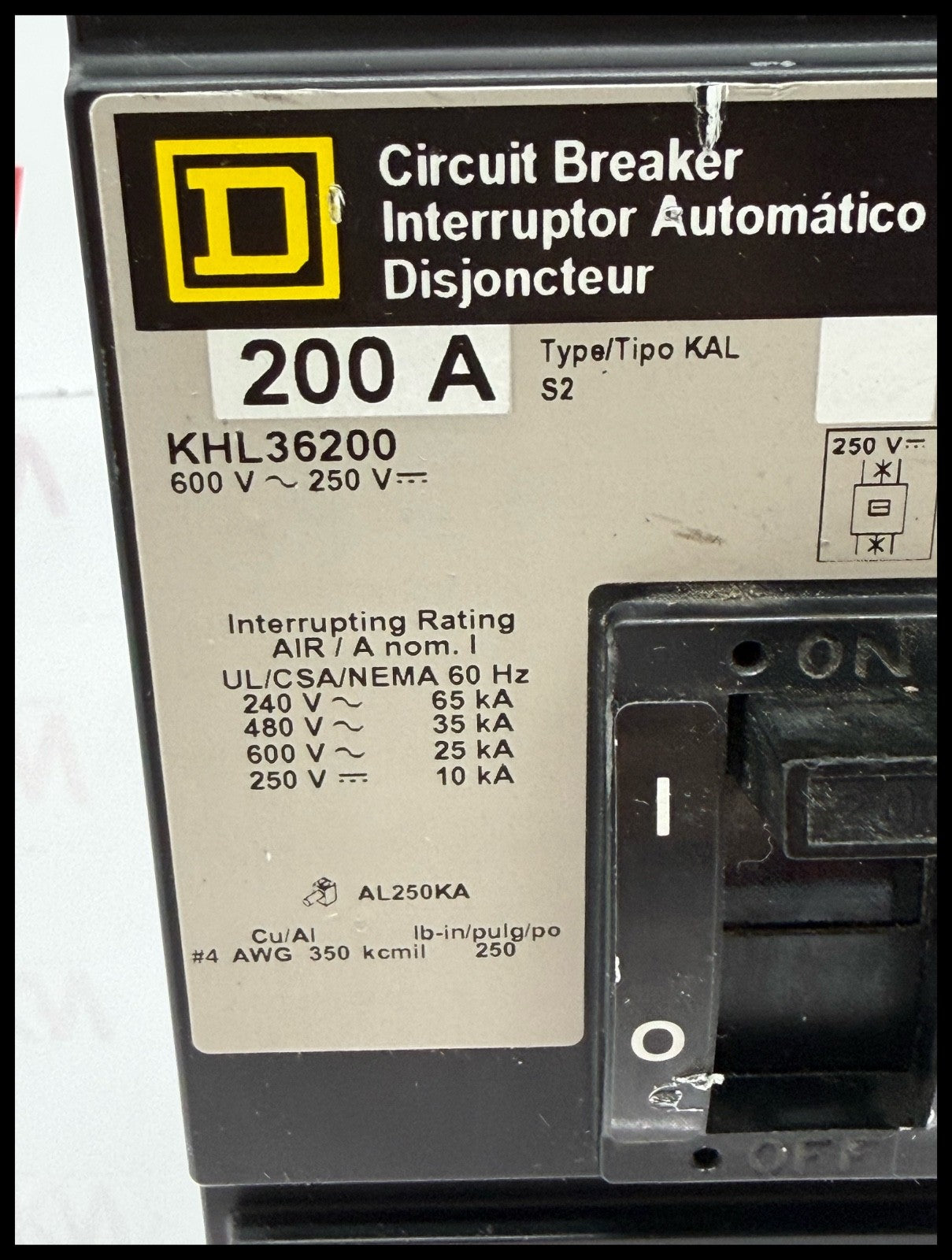 KHL36200~Square D KHL36200 200A 3P 3PH 600V Circuit Breaker-Used