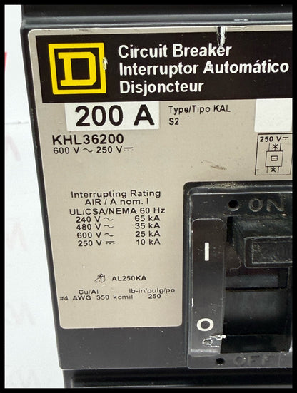 KHL36200~Square D KHL36200 200A 3P 3PH 600V Circuit Breaker-Used