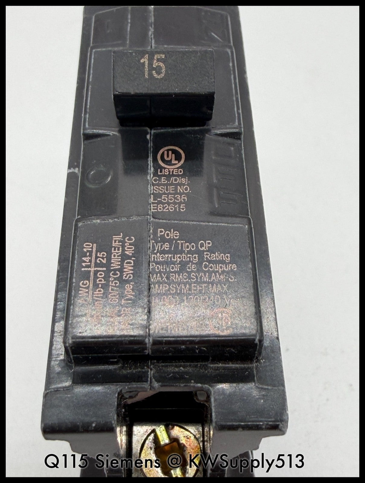 Q115~Siemens Q115 15A 120Vac 1P 1PH 10KA Circuit Breaker-Used