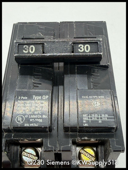 Q230~Siemens Q230 30A 2P 1PH 240VAC 10KA Circuit Breaker-Used