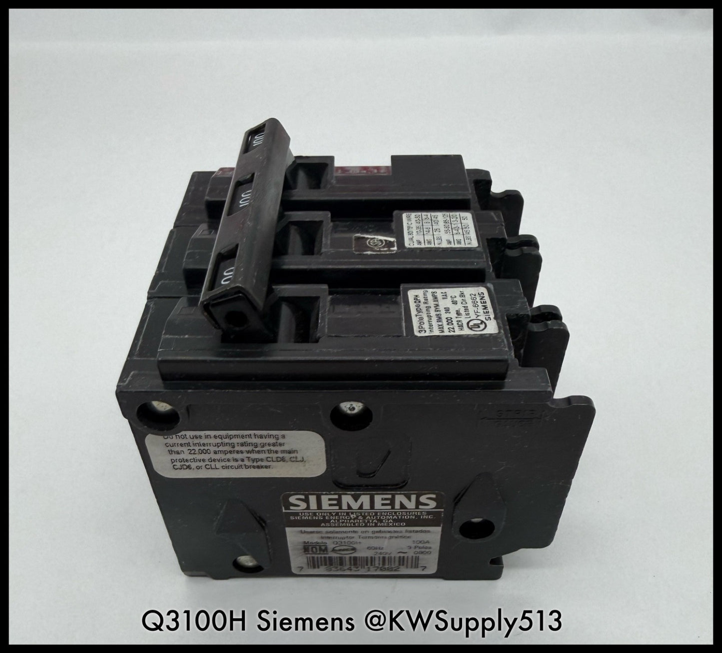 Q3100H~Siemens Q3100H 100A 3P 3PH 240VAC 22KA Circuit Breaker-Used