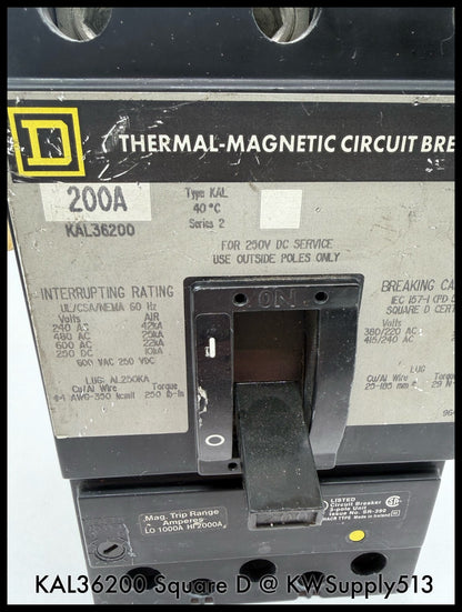 KAL36200~Square D KAL36200 200A 3P 3PH 600V 25KA Circuit Breaker-Used