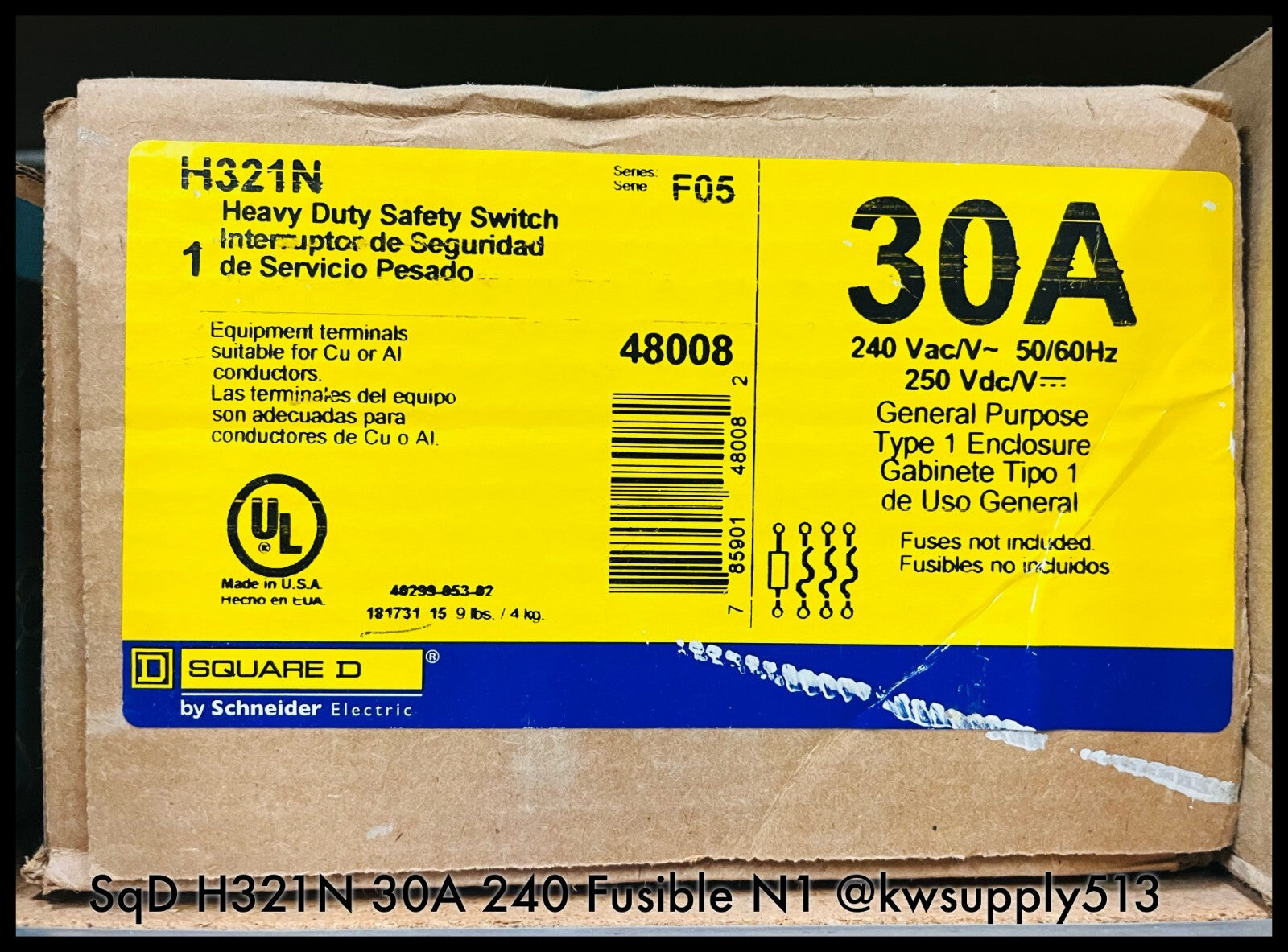 H321N~Square D H321N 30A Heavy Duty Safety Switch 240V N1 Fusible-Unused Surplus