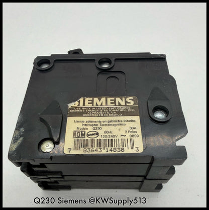Q230~Siemens Q230 30A 2P 1PH 240VAC 10KA Circuit Breaker-Used