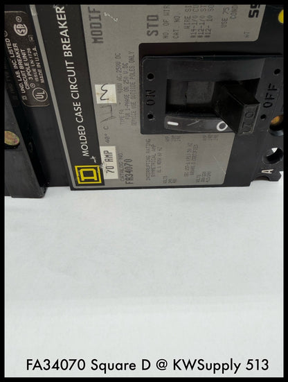 FA34070~Square D FA34070 70A 480V 3P 3PH 18KA I-line Circuit Breaker-Used