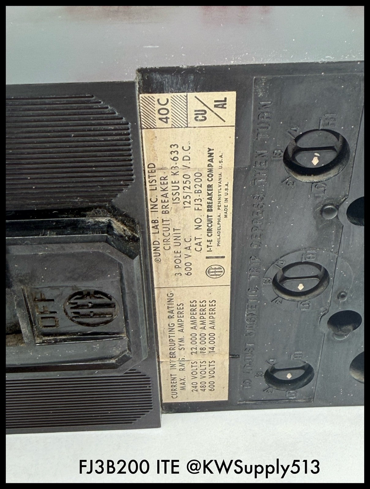 FJ3B200~ITE FJ3B200 200A 3P 3PH 600VAC 14KA TM Circuit Breaker-Used