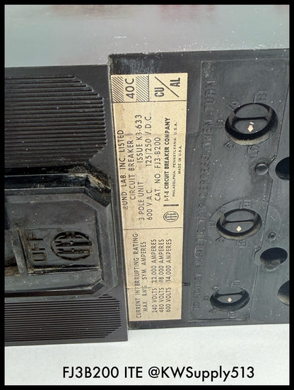 FJ3B200~ITE FJ3B200 200A 3P 3PH 600VAC 14KA TM Circuit Breaker-Used