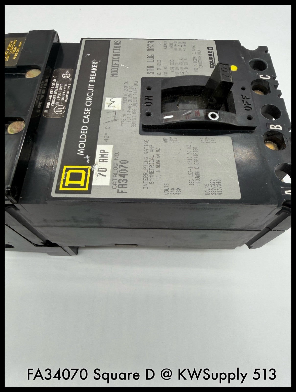FA34070~Square D FA34070 70A 480V 3P 3PH 18KA I-line Circuit Breaker-Used