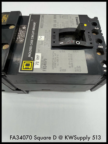 FA34070~Square D FA34070 70A 480V 3P 3PH 18KA I-line Circuit Breaker-Used