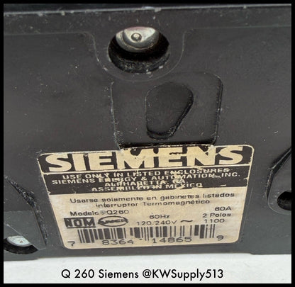 Q260~Siemens Q260 60A 2P 1PH 120/240VAC 10KA Circuit Breaker-Used