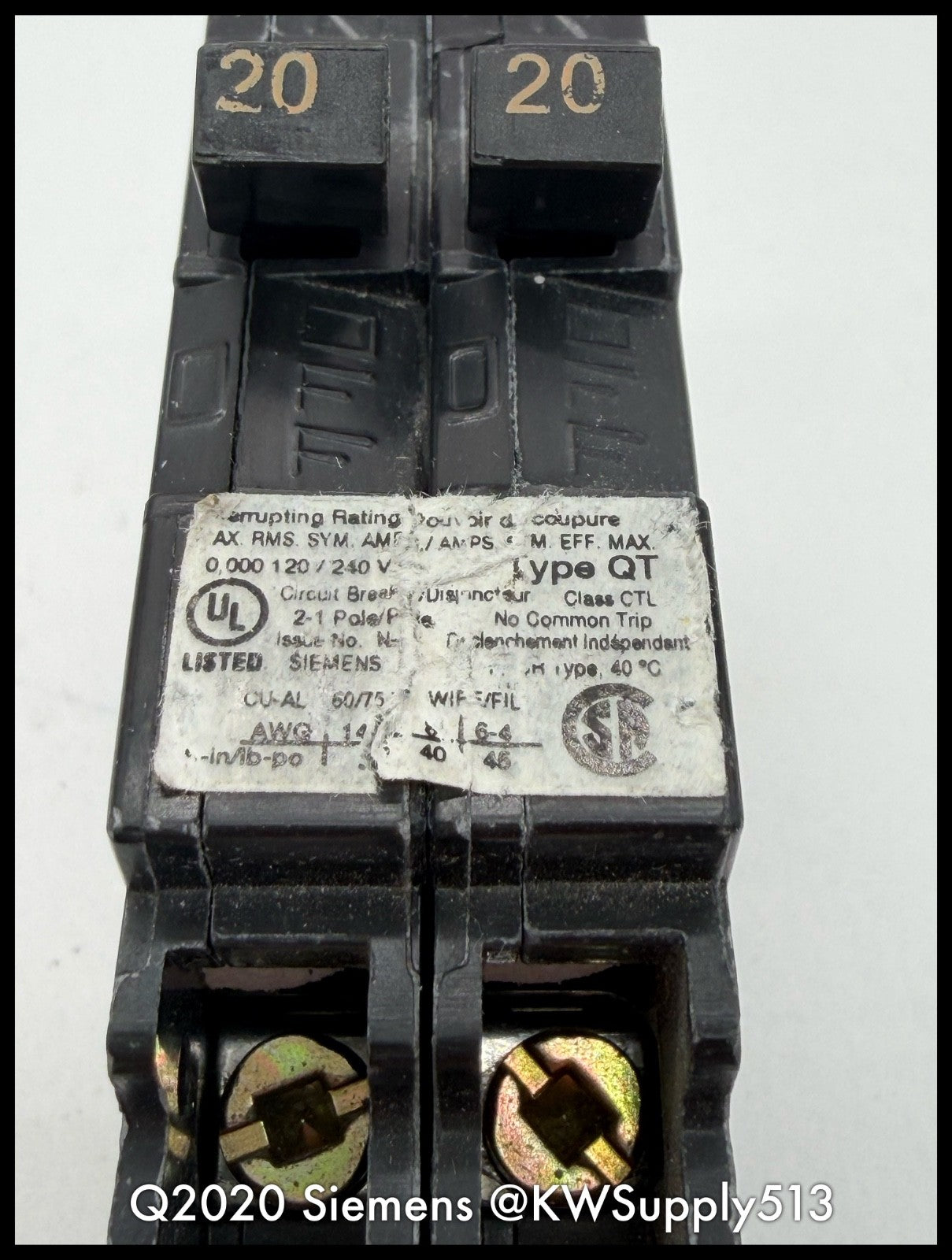 Q2020~Siemens Q2020 20A/20A 120VAC 2P 1PH Tandem Circuit Breaker-Used
