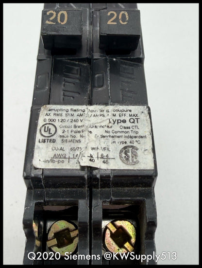 Q2020~Siemens Q2020 20A/20A 120VAC 2P 1PH Tandem Circuit Breaker-Used