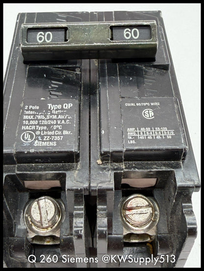 Q260~Siemens Q260 60A 2P 1PH 120/240VAC 10KA Circuit Breaker-Used