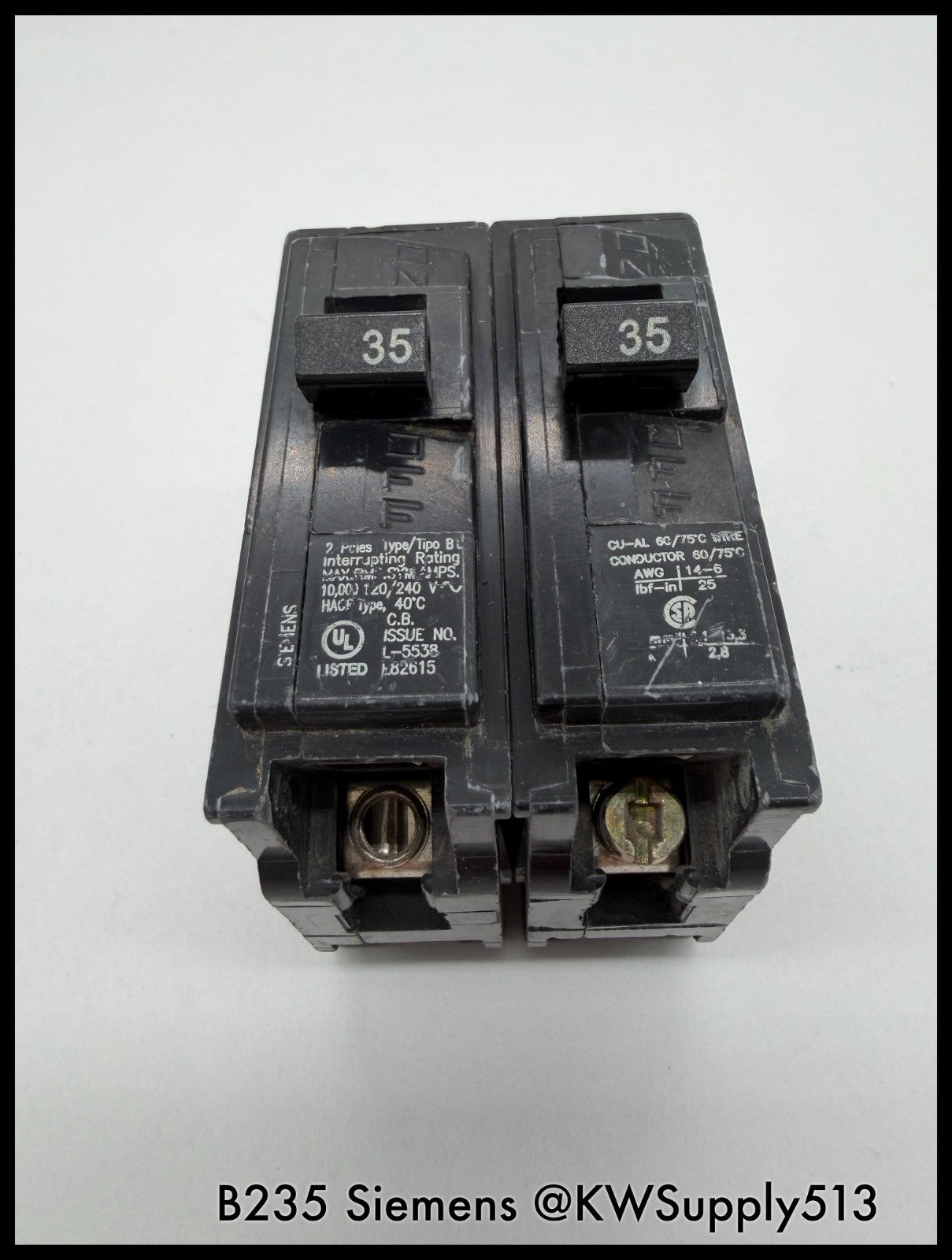 B235~Siemens B235 35A 240VAC 2P 1PH  10KA Circuit Breaker-Used