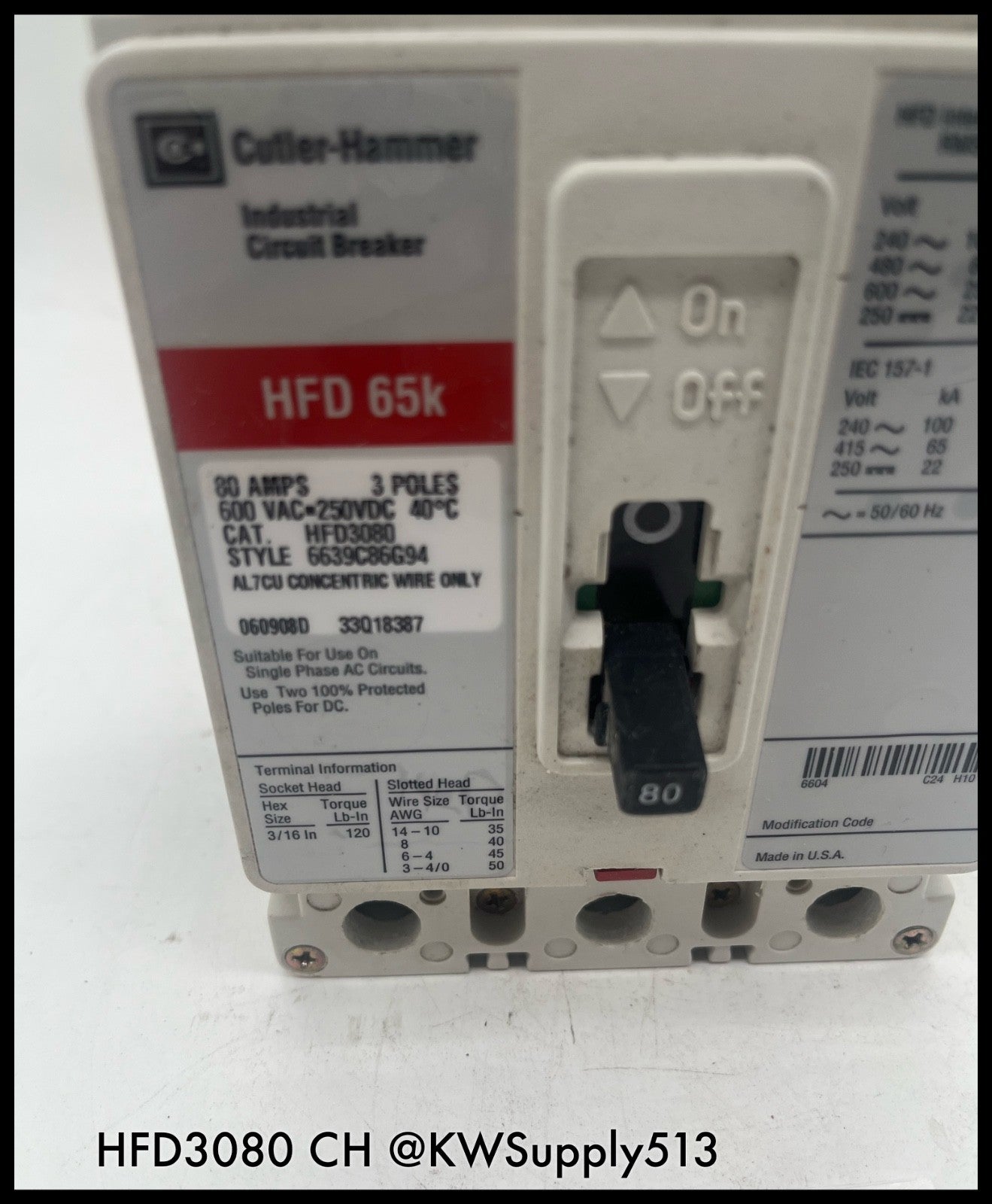 HFD3080~Culter Hammer HFD3080 80A 3P 600V HFD65K Circuit Breaker -Used