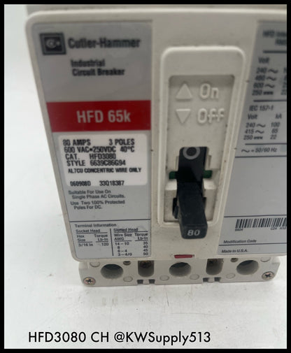 HFD3080~Culter Hammer HFD3080 80A 3P 600V HFD65K Circuit Breaker -Used