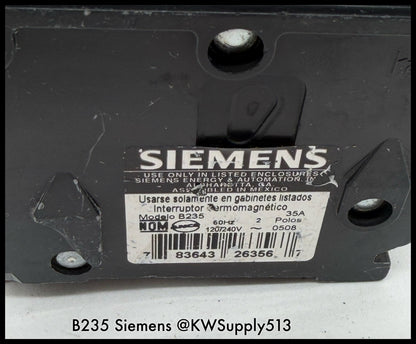 B235~Siemens B235 35A 240VAC 2P 1PH  10KA Circuit Breaker-Used