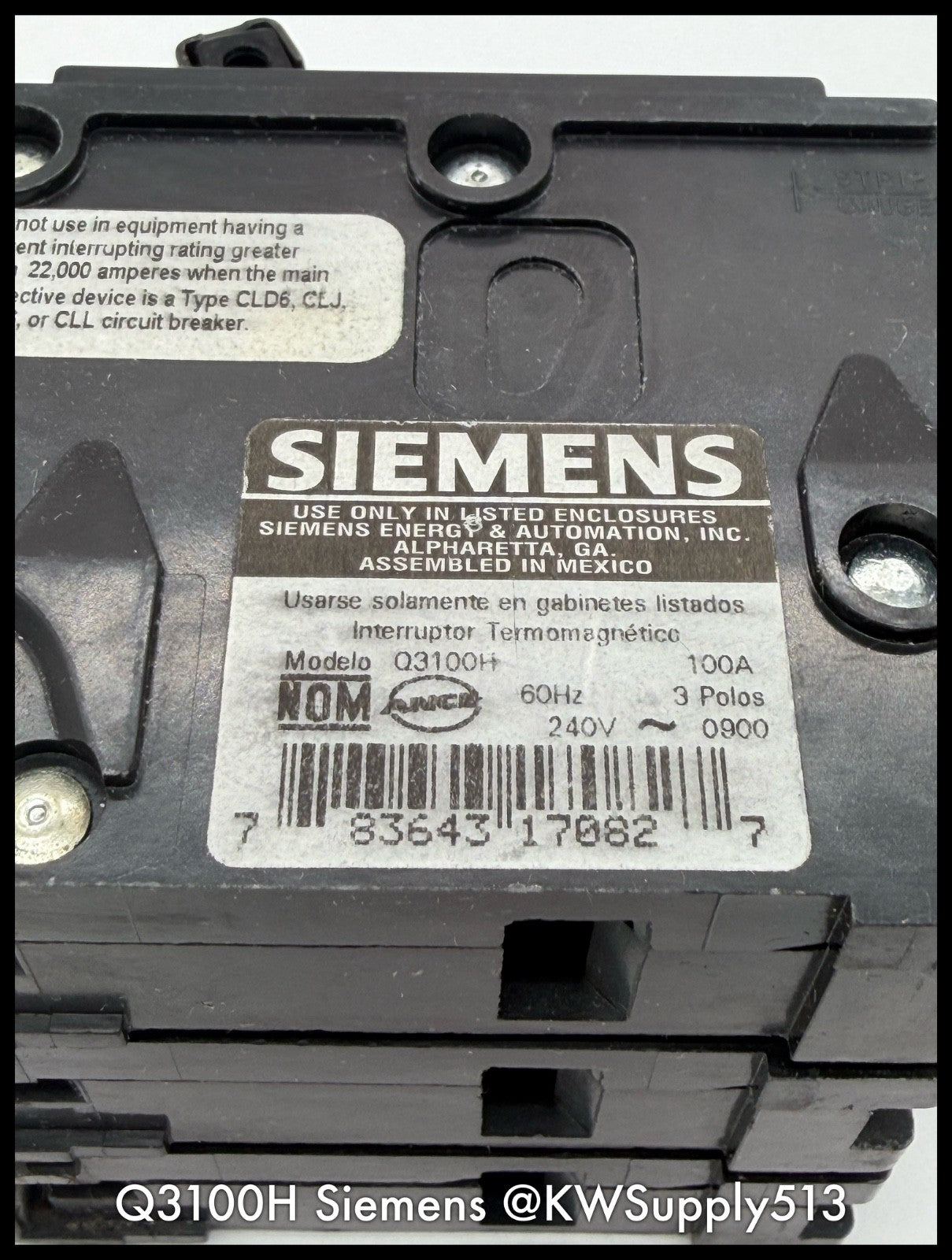 Q3100H~Siemens Q3100H 100A 3P 3PH 240VAC 22KA Circuit Breaker-Used