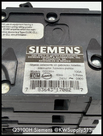 Q3100H~Siemens Q3100H 100A 3P 3PH 240VAC 22KA Circuit Breaker-Used