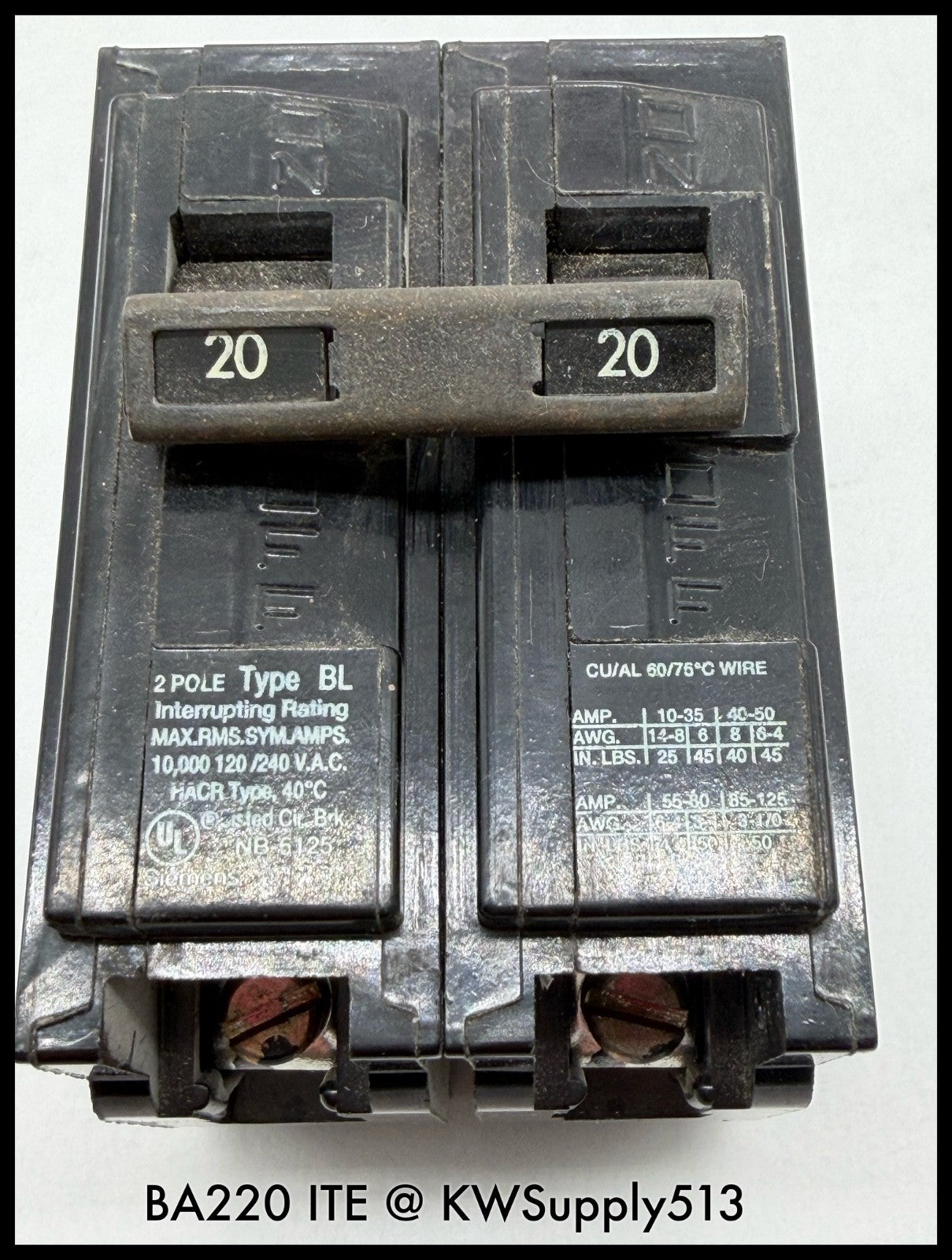 B220~ITE B220 20A 120/240VAC 2P 1PH 10KA TM Circuit Breaker-Used