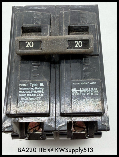 B220~ITE B220 20A 120/240VAC 2P 1PH 10KA TM Circuit Breaker-Used