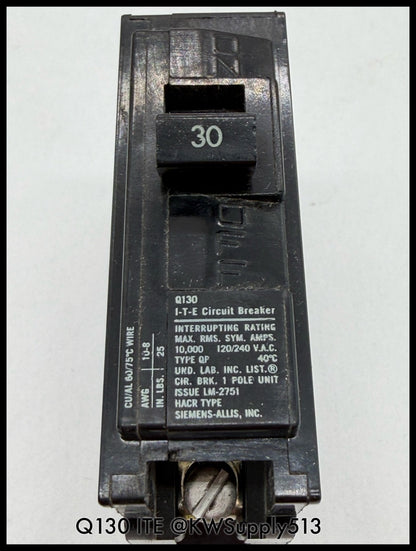 Q130~ITEQ130 30A 1P 120VAC 480VDC 10KA Circuit Breaker-Used