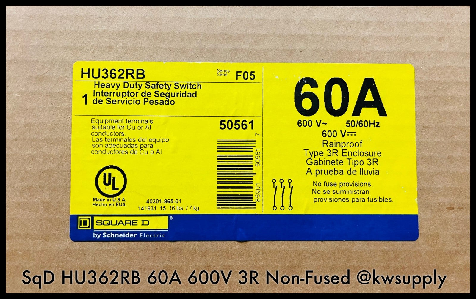HU362RB ~ Square D HU362RB 60A Heavy Duty Safety Switch 600V 3R NF ~ Unused