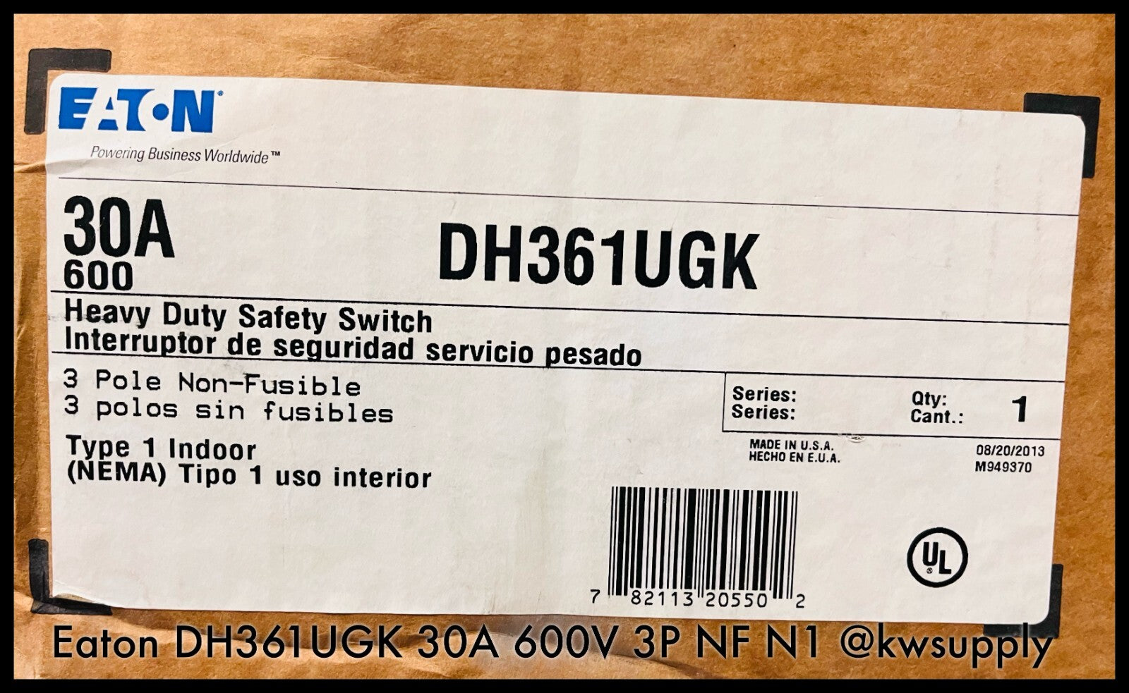 DH361UGK ~ Eaton DH361UGK 30A Heavy Duty Safety Switch 600V 3P NF N1 ~ Unused