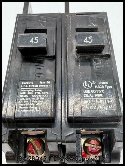 BQ2B045~ITE BQ2B045 45A 2P 1PH 120/240VAC 10KA TM Circuit Breaker-Used