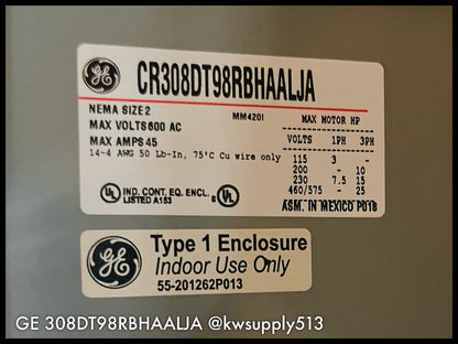308DT98RBHAALJA ~ GE 308DT98RBHAALJA 45A 3PH NEMA Sz. 2 300-Line Control- Unused