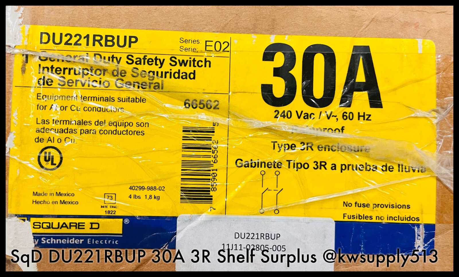 DU221RBUP ~ Square D DU221RBUP 30A General Duty Safety Switch 3R -Unused Surplus