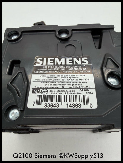 Q2100~Siemens Q2100 100A 2 Pole1P 120/ 240V 10KA Circuit Breaker -Used