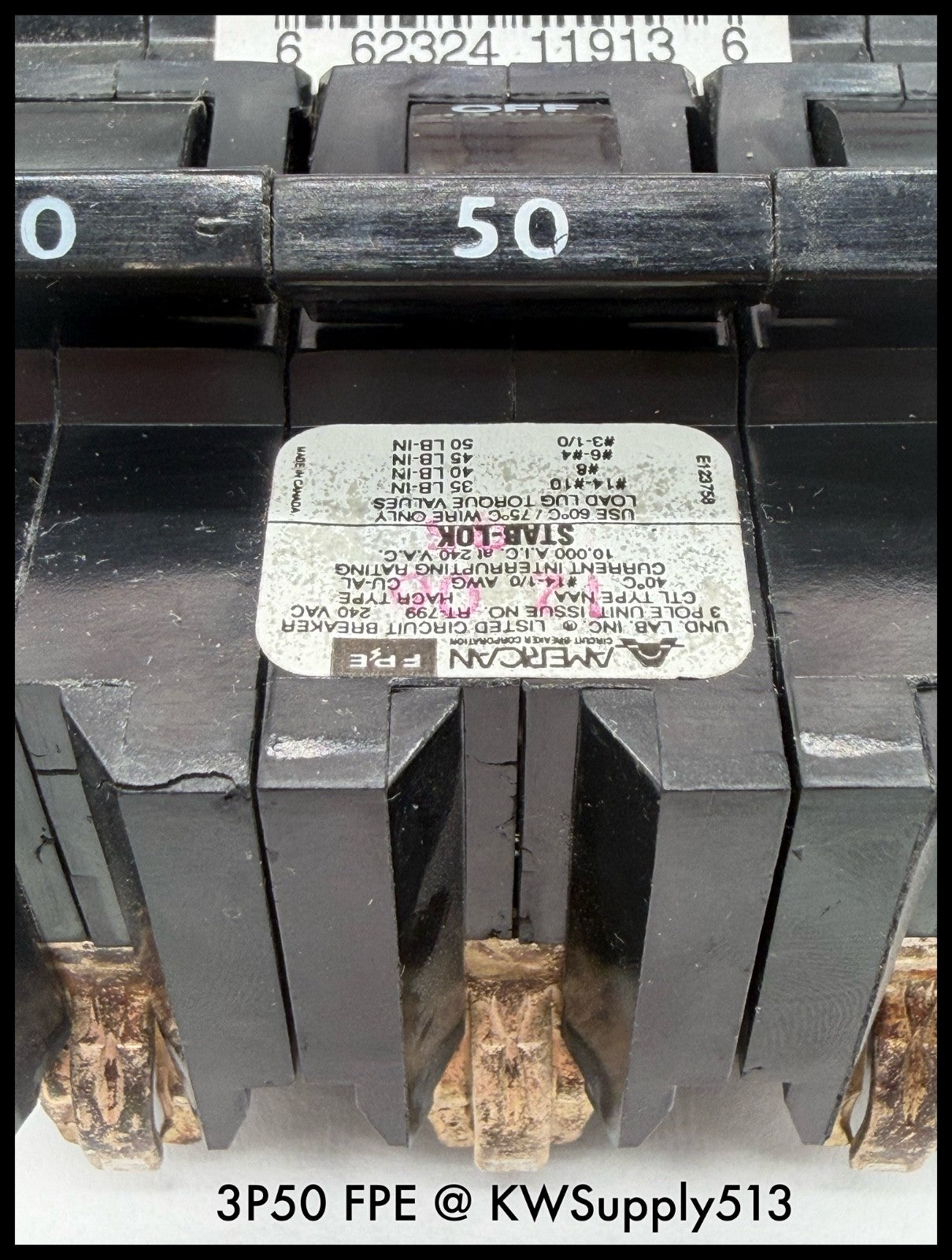 3P50~FPE 3P50 50A 3P 3PH 240VAC 10KA Molded Case Circuit Breaker-Used