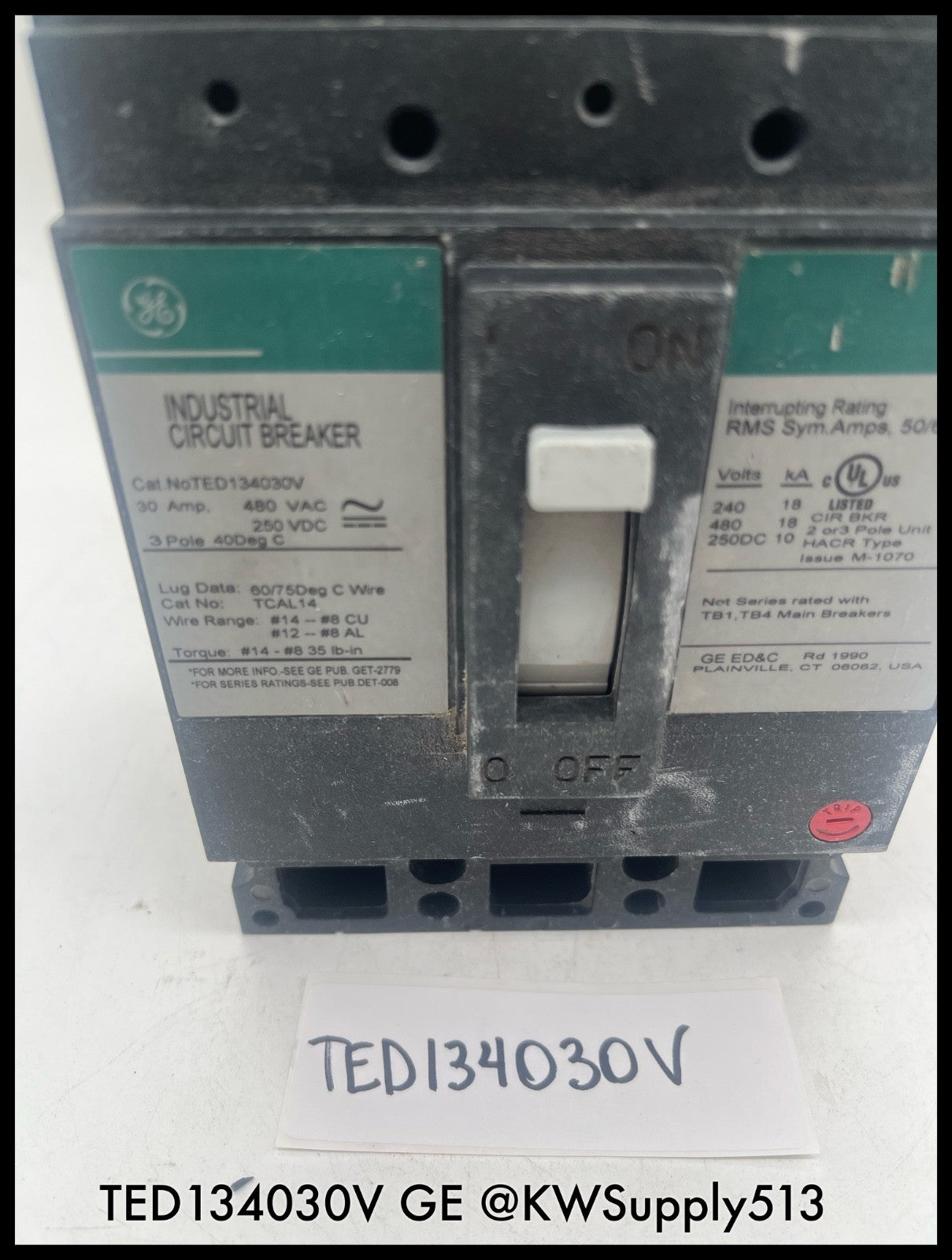 TED134030V~GE TED134030V 30A 3P 480V 18KA Industrial Circuit Breaker-Used